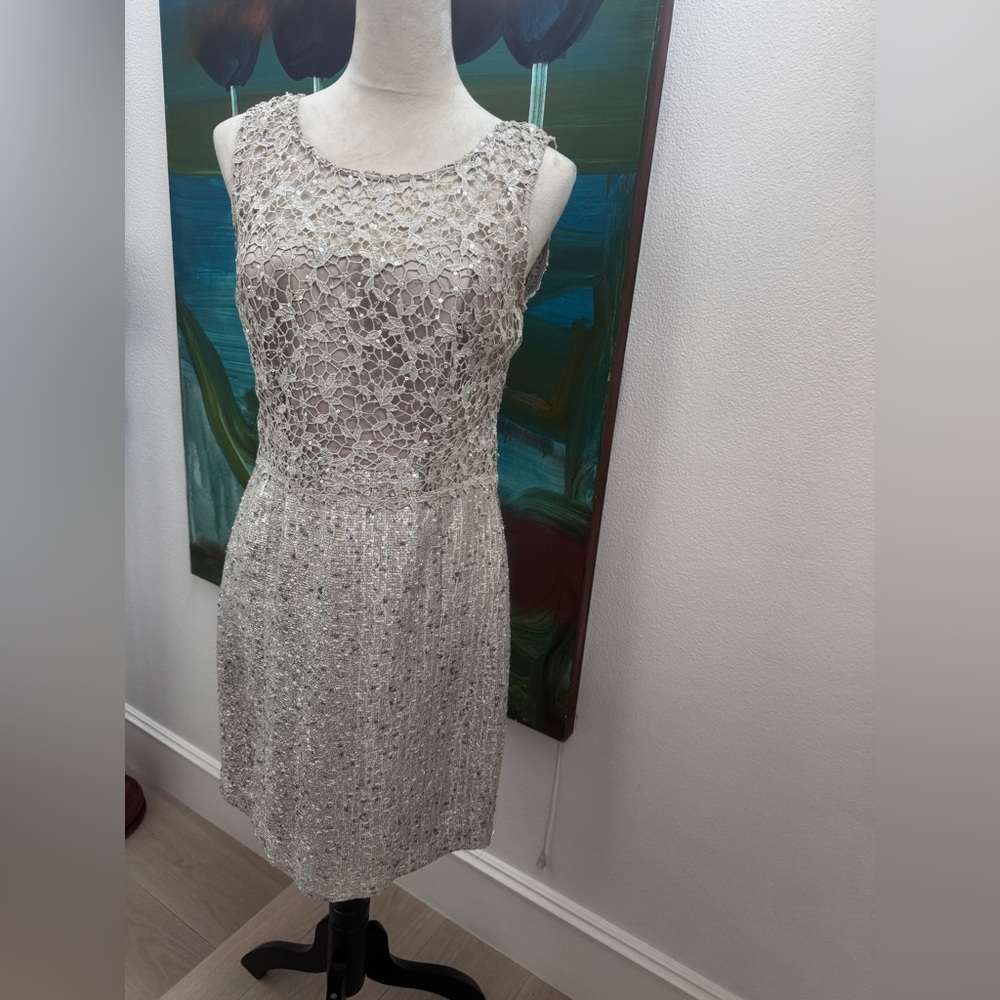 Kay Unger Silver Beaded Lace Mini Dress